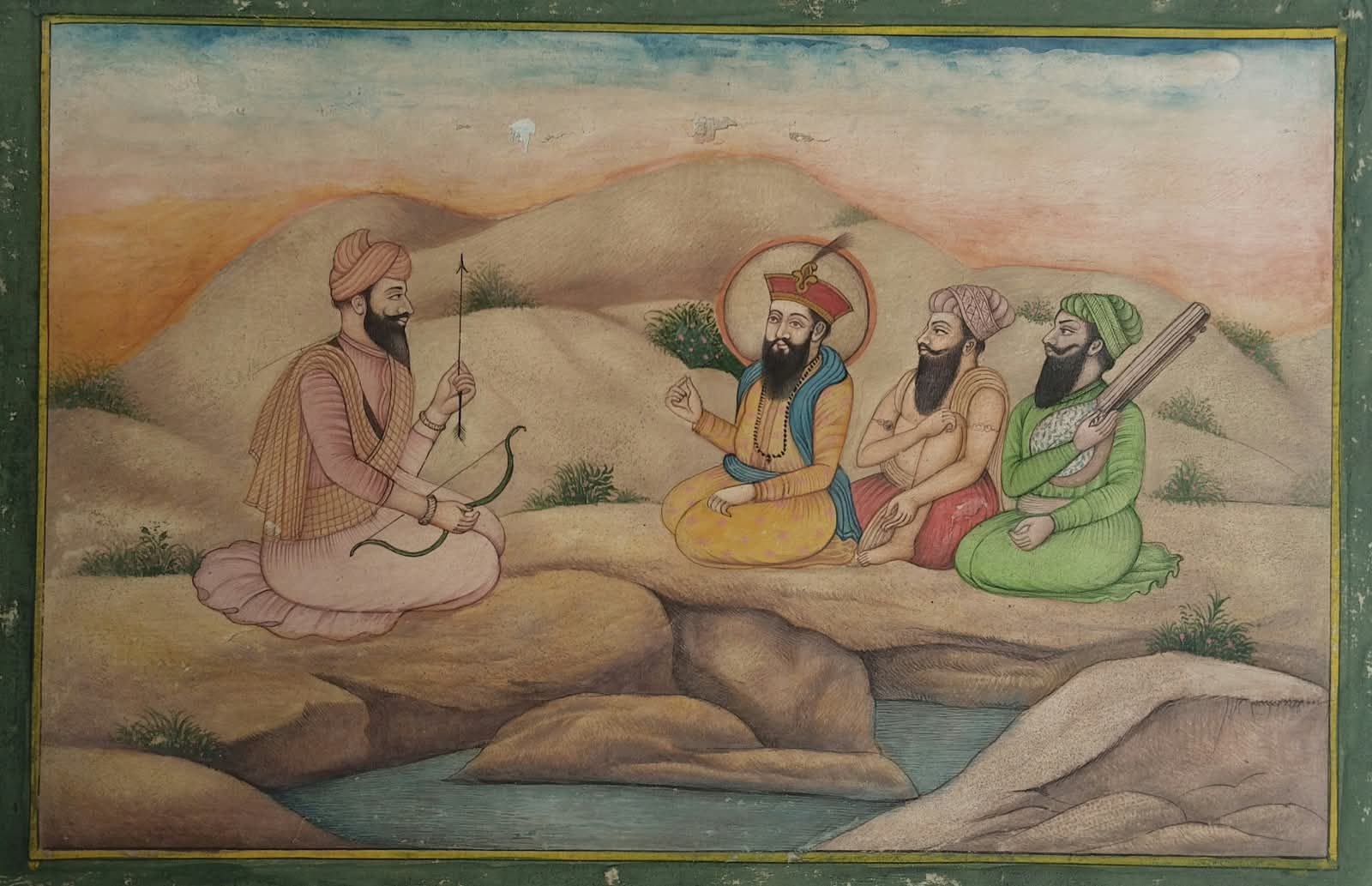 Miniature painting depicting Guru Nanak Dev Ji seated with companions